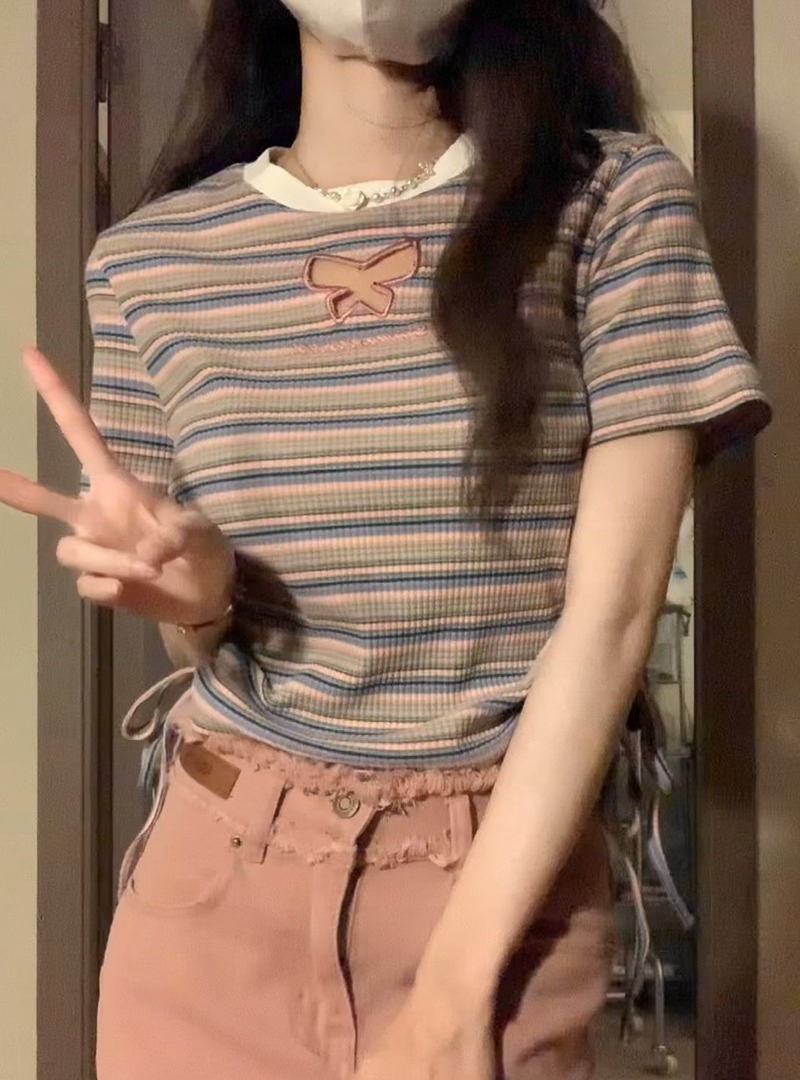刺繡純棉坑條質量港風chic條紋撞色抽繩顯瘦T恤女