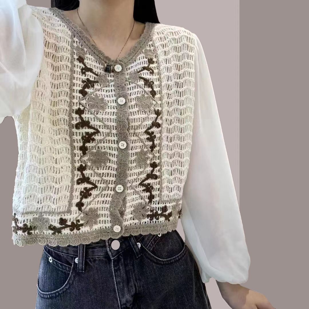 法式刺繡鈎花長袖襯衣女新款春裝設計感小眾鏤空短款上衣