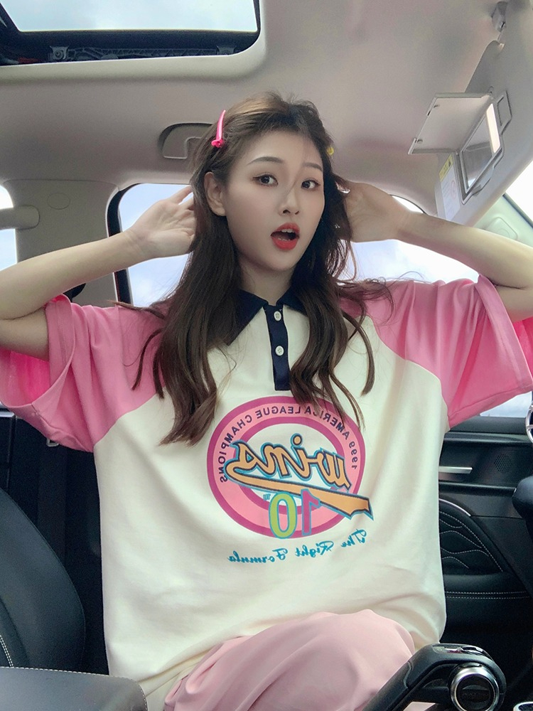 Printed 21 count super cool cotton 200g back collar 240 pounds large size sweet age-reducing contrasting color T-shirt