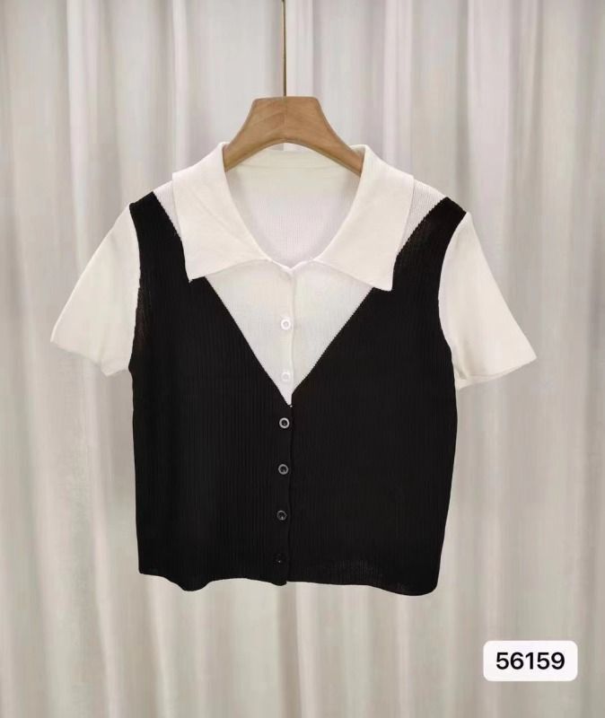 2024夏季新款韓版氣質polo領拼接假兩件短袖開衫上衣女