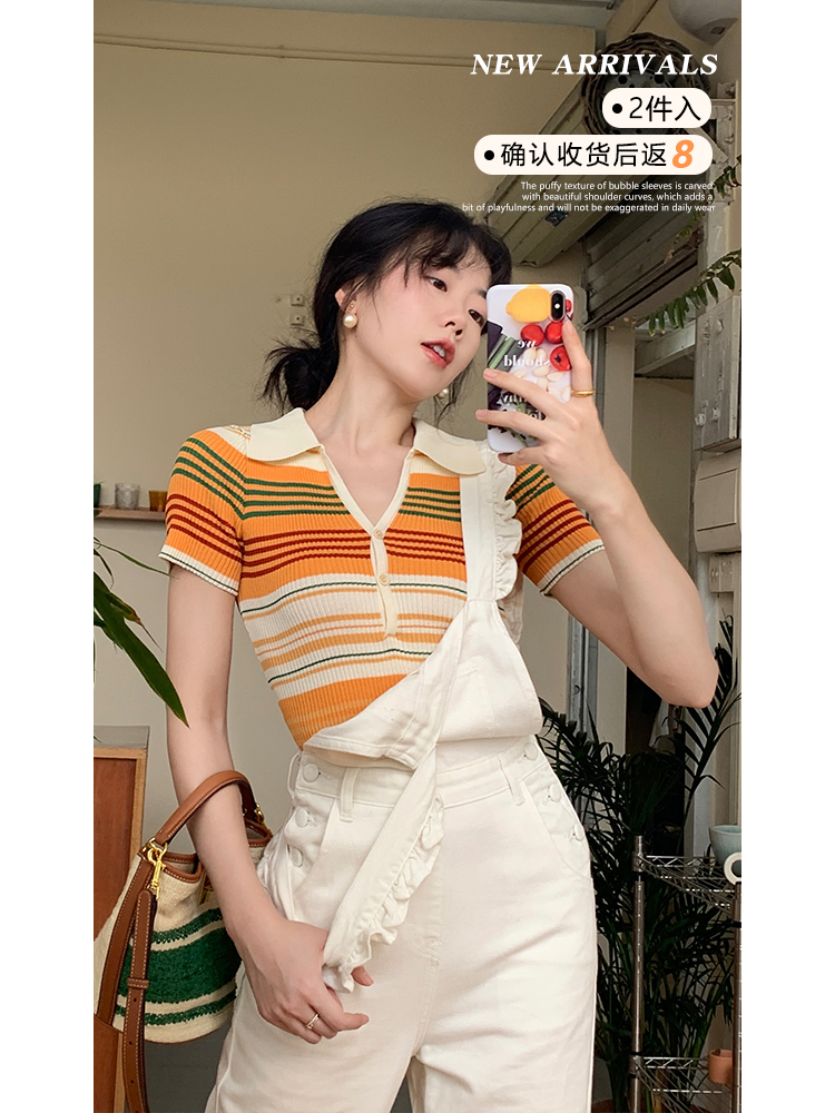 許大晴 經典條紋短款針織衫女夏薄polo領顯瘦小個子彈力小衫上衣