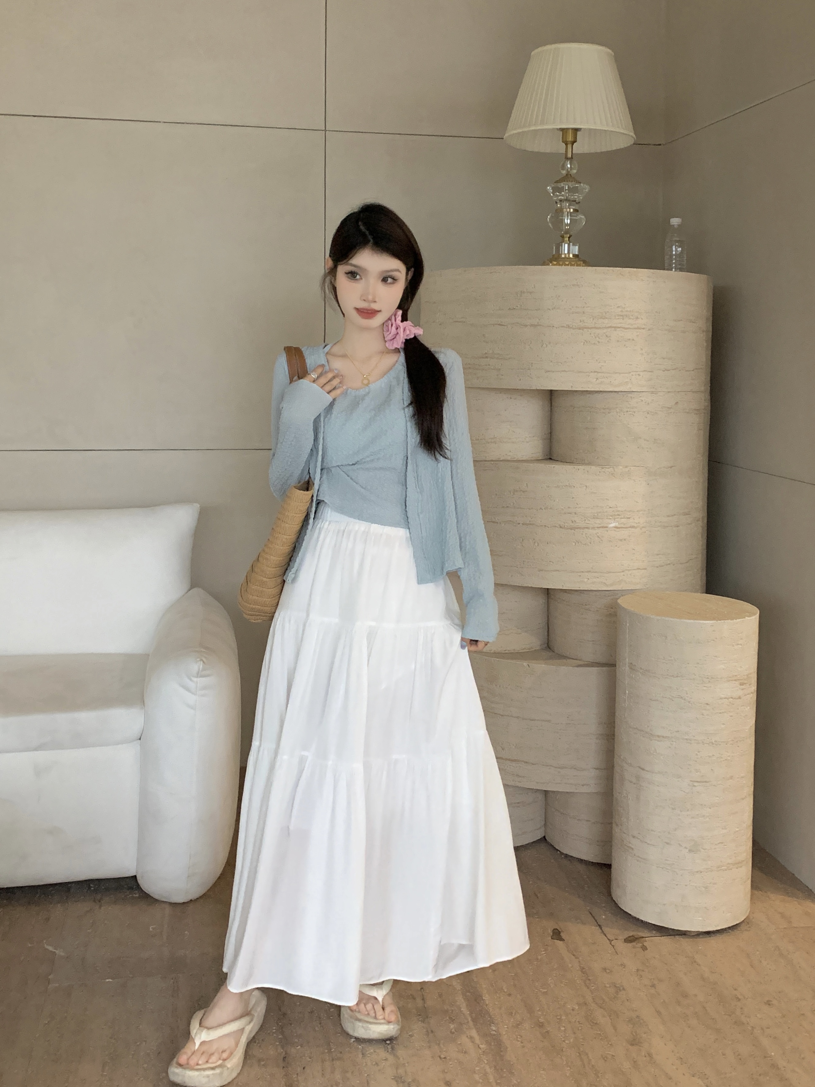 實拍 套裝女春季韓系藍色假兩件上衣+白色半身裙三件套