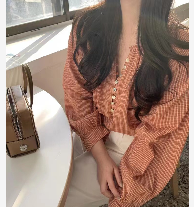 韓系chic慵懶風復古格紋百搭襯衫女小清新藍白格子小衫泡泡袖上衣