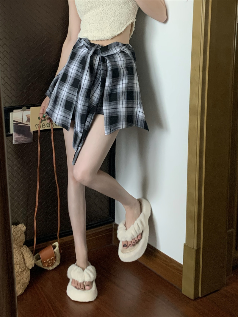 實拍復古格子半身裙褲假兩件短褲辣妹百搭顯瘦高腰短裙