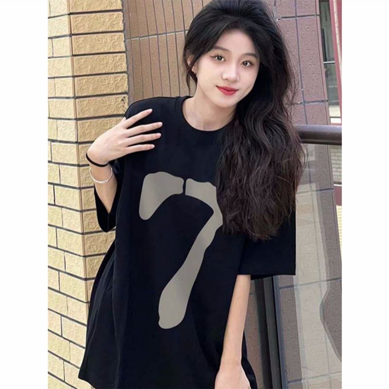 潮牌簡約數字印花純棉短袖T恤女夏季新款寬鬆百搭情侶裝上衣