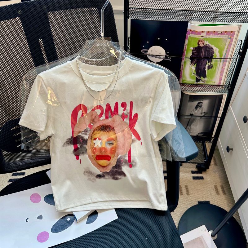 小丑印花短袖t恤女夏季新款時尚正肩美式復古甜辣短款圓領上衣潮