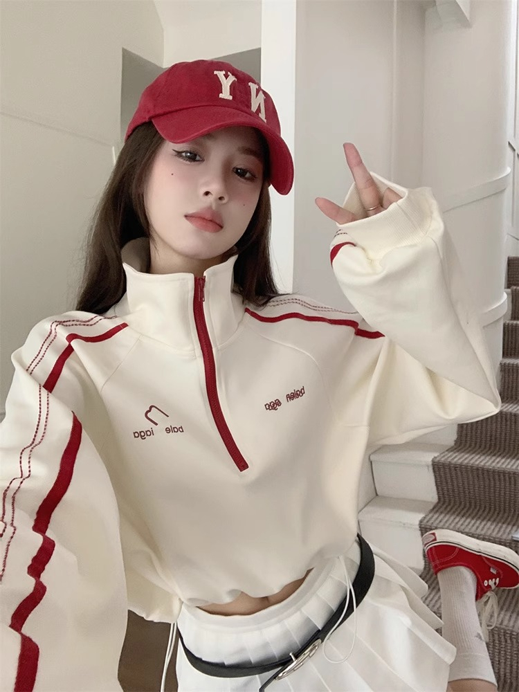 Original workmanship contrasting color stand-up collar long-sleeved sweatshirt for women spring 2024 new design drawstring loose short top