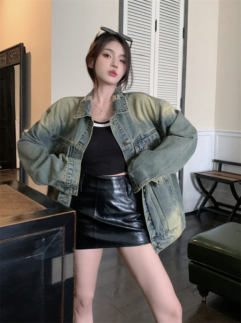 Actual shot ~ American street retro distressed washed denim jacket, trendy autumn loose design versatile top for men and women