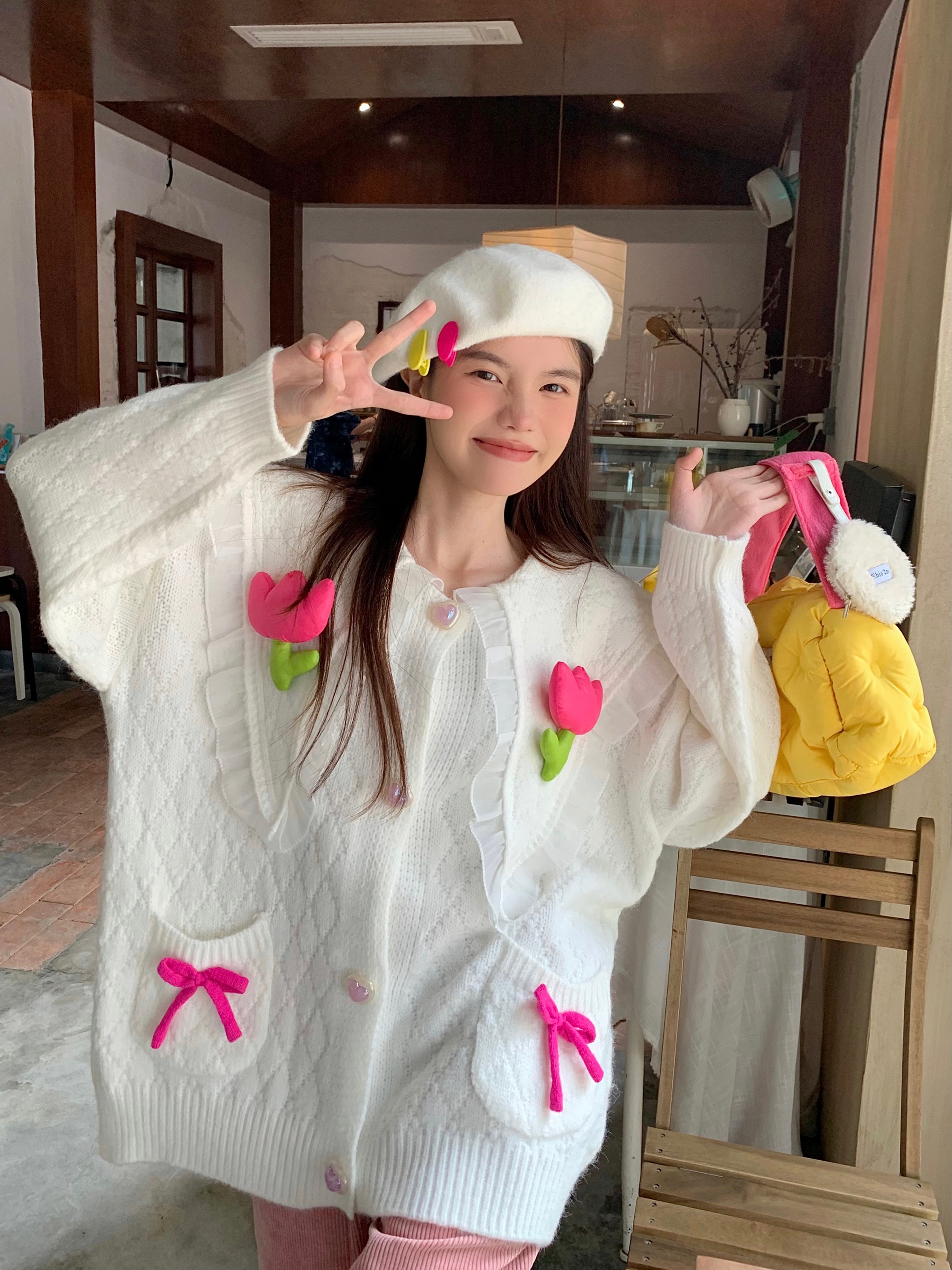 實拍 春暖花開 韓版甜美重工花朵娃娃領寬鬆洋氣針織毛衣