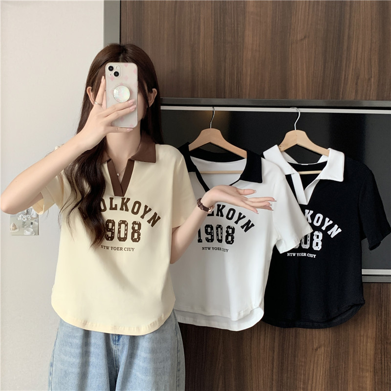 實拍 夏季韓版純棉高彈抽繩拼接插色polo領修身短款短袖T恤女