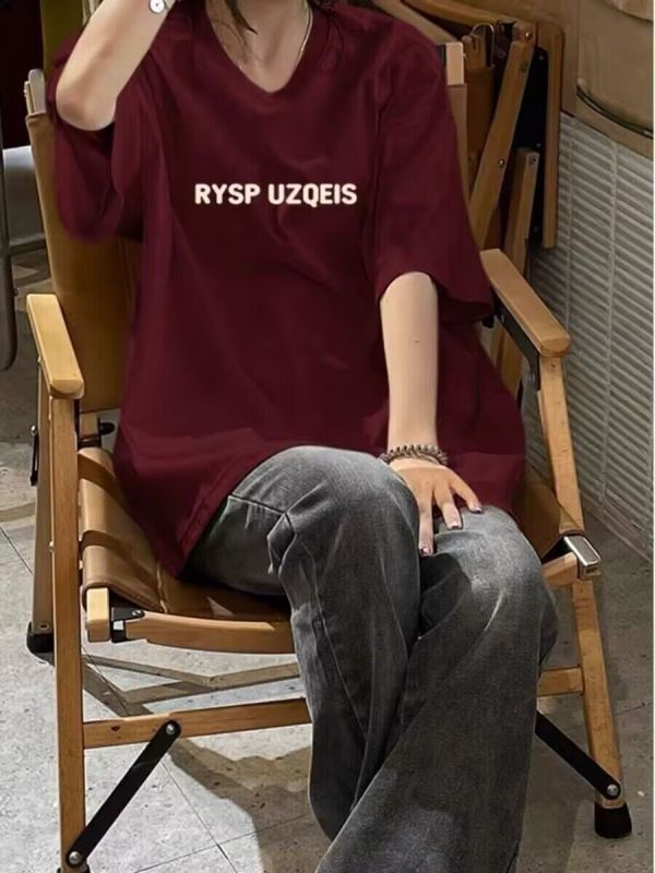 美式復古純棉圓領短袖T恤女2024新年小個子oversize酒紅色上衣服