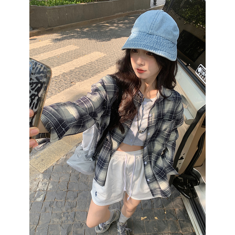 實拍  美式復古格子襯衫女2024新款設計感上衣襯衣外套