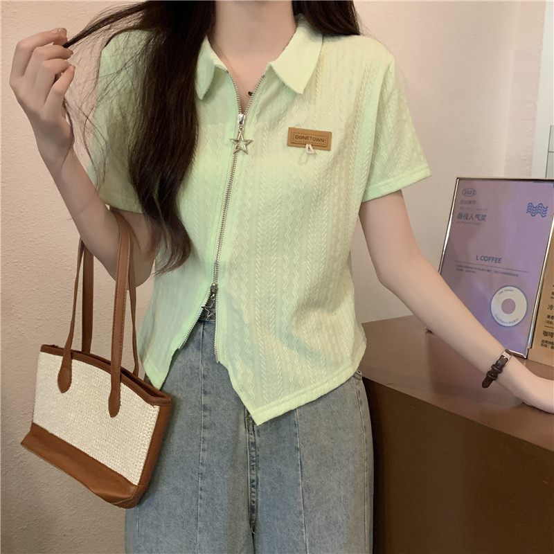 實拍 夏季韓版修身純棉高彈開衫雙拉鏈POLO領短款短袖T恤女