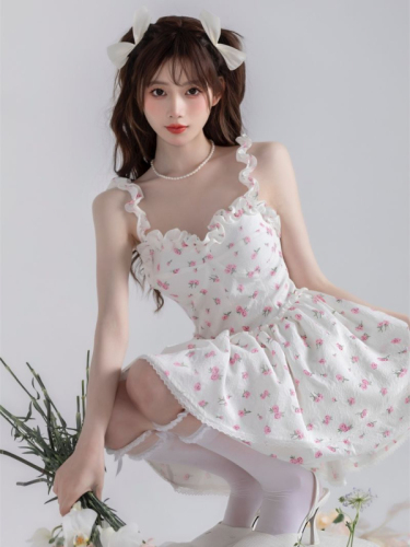 SISI sauce summer new sweet style ins super fairy floral suspender dress princess skirt student short skirt