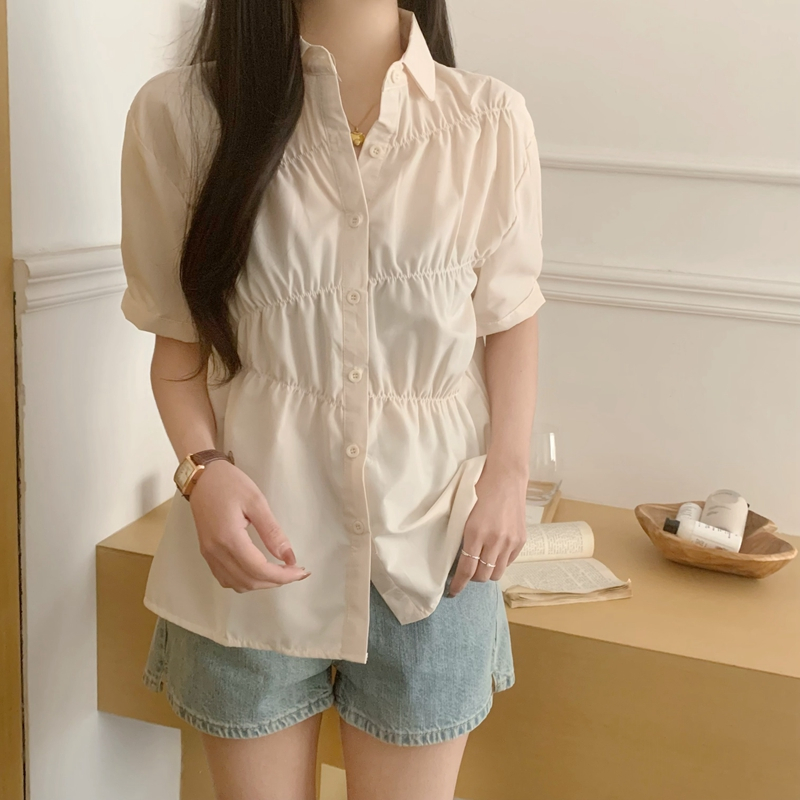 實拍 藍色短袖襯衫女夏季學院風甜美寬鬆純色襯衣高級感褶皺上衣