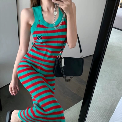2024 spring new women's clothing Internet celebrity striped knitted suspender dress design niche sleeveless vest dress trend