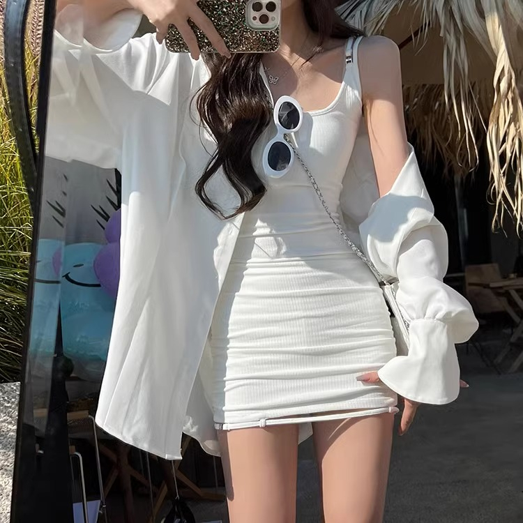 白色性感吊帶連衣裙女辣妹無袖修身包臀短裙小個子穿搭洋氣矮個子