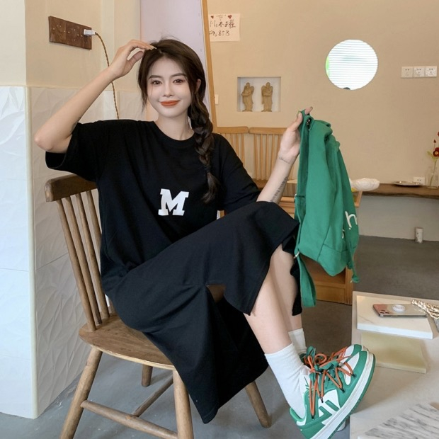 新款個性字母印花chic韓版慵懶風休閒直筒連衣裙子