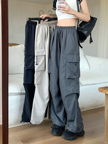 American hot girl overalls, women's drawstring casual pants, summer drapey loose straight wide-leg pants, floor-length long pants, trendy