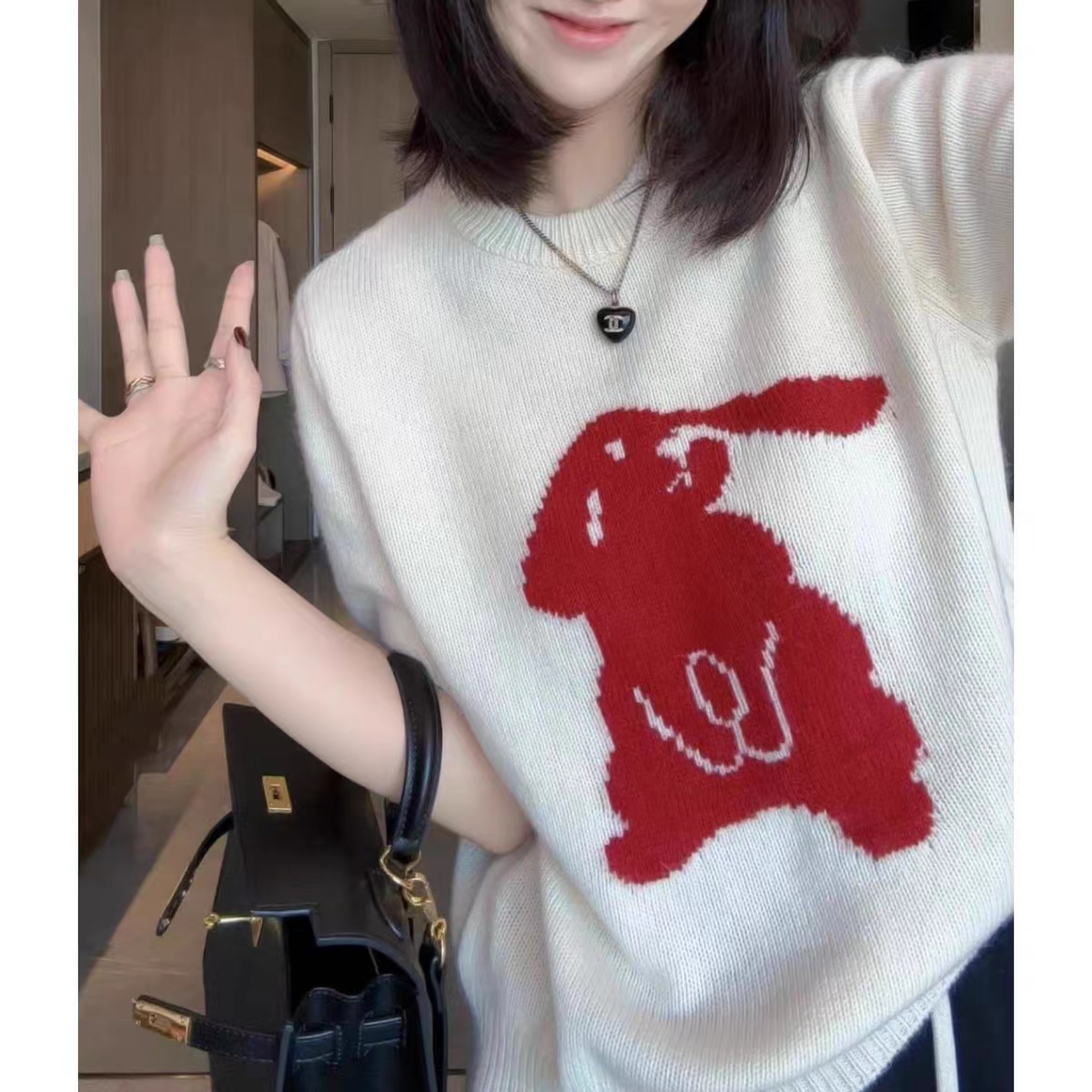2024春季新款短袖圓領套頭重工兔子提花針織衫女寬鬆內搭打底上衣