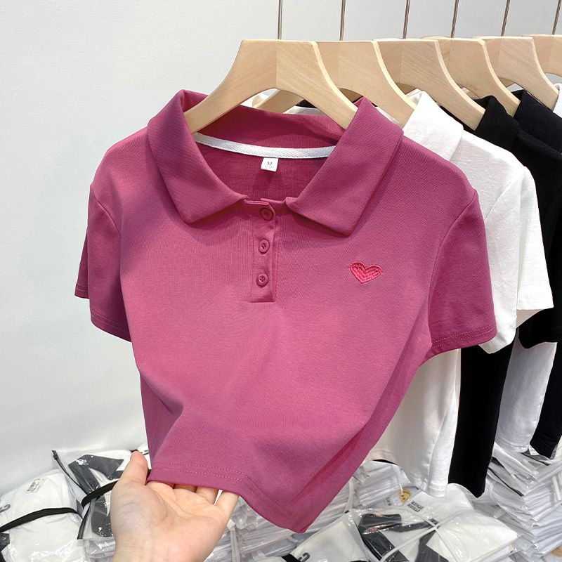 刺繡愛心短袖t恤女春夏新款短款體恤小衫設計感小心機polo領上衣