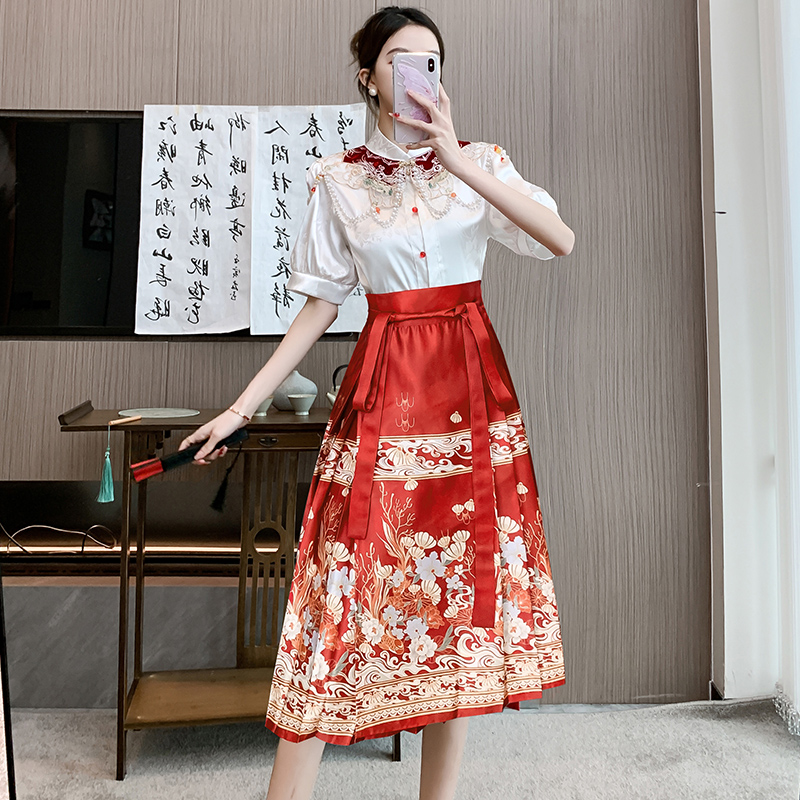 Actual shot of new Chinese style Hanfu horse skirt suit for women summer new high-end jacquard top two-piece set