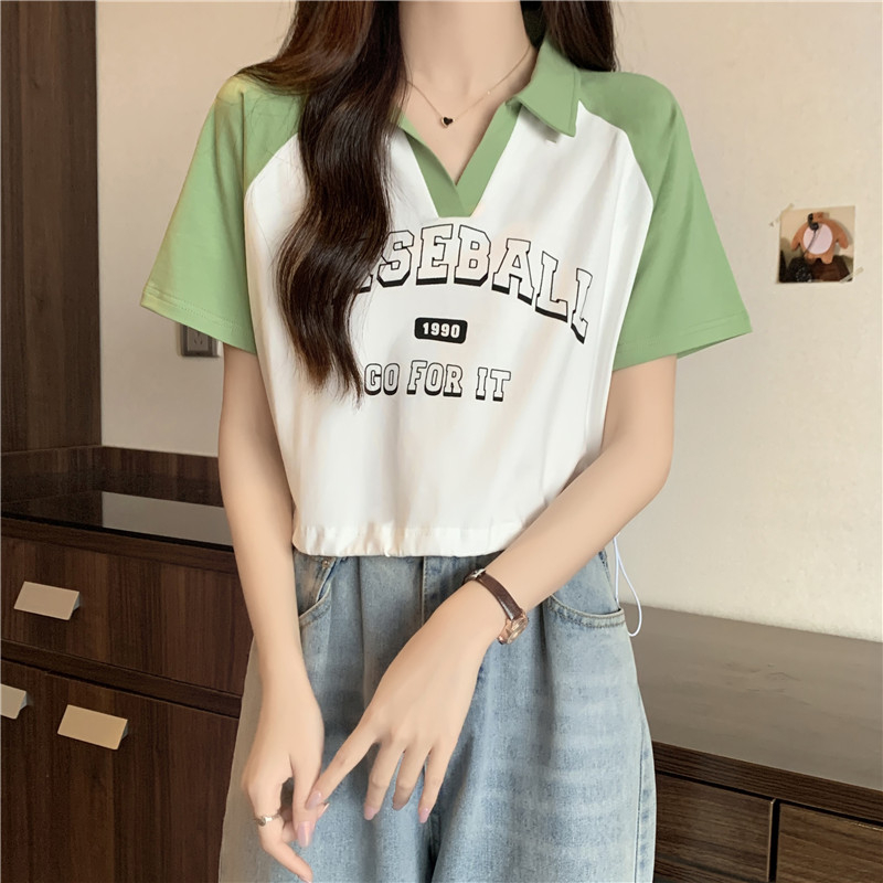 實拍 2024夏季韓版新款POLO領撞色插肩袖字母印花短款短袖T恤女