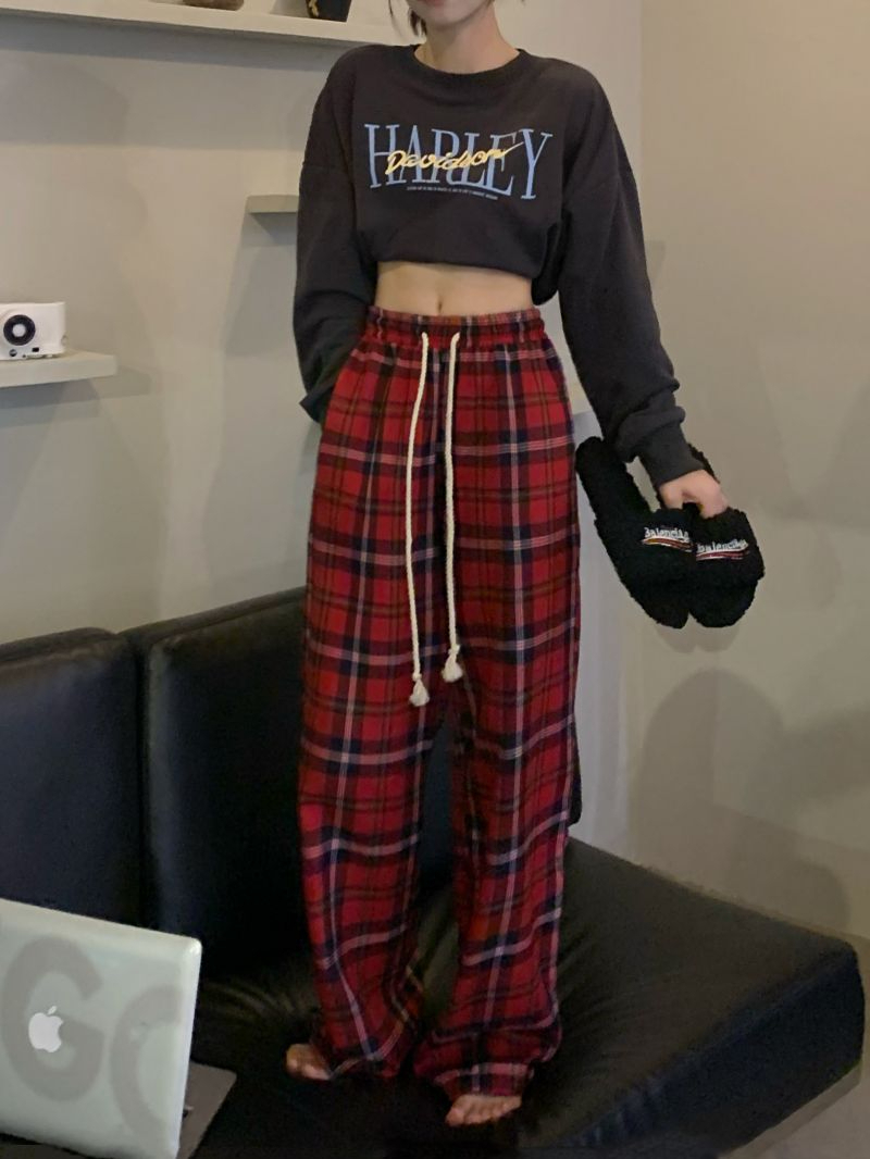 TR original fabric floor-length drawstring red plaid casual pants for women retro loose straight wide-leg pants