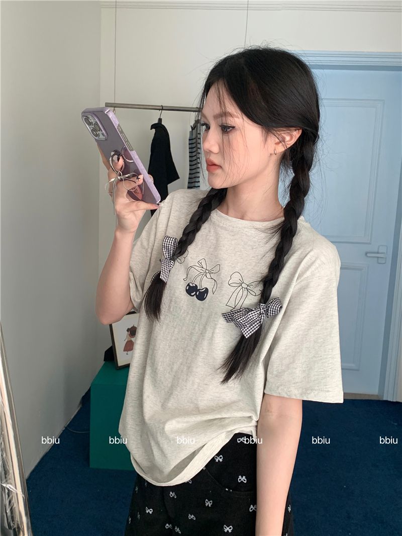 實拍 百搭櫻桃蝴蝶結休閒短袖T恤