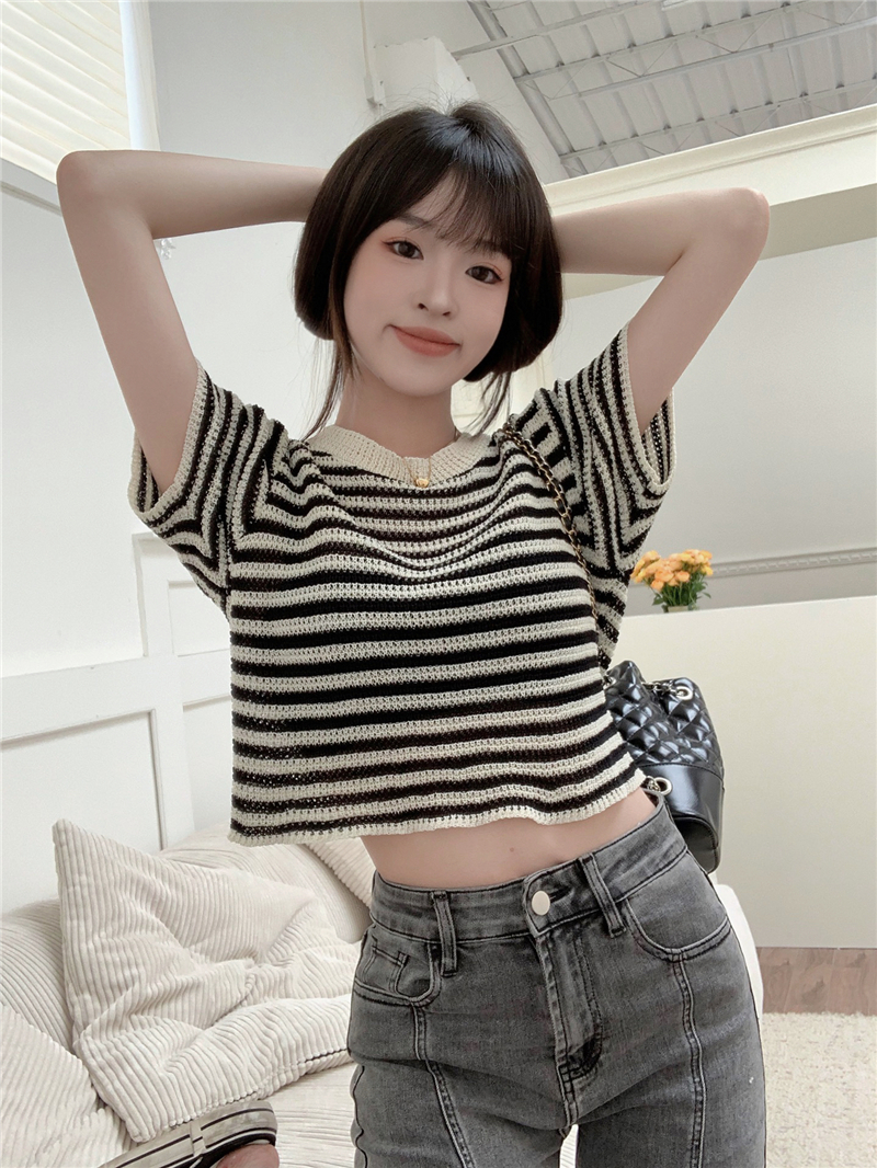 Real shot round neck striped hollow loose short-sleeved sweater T-shirt top for women