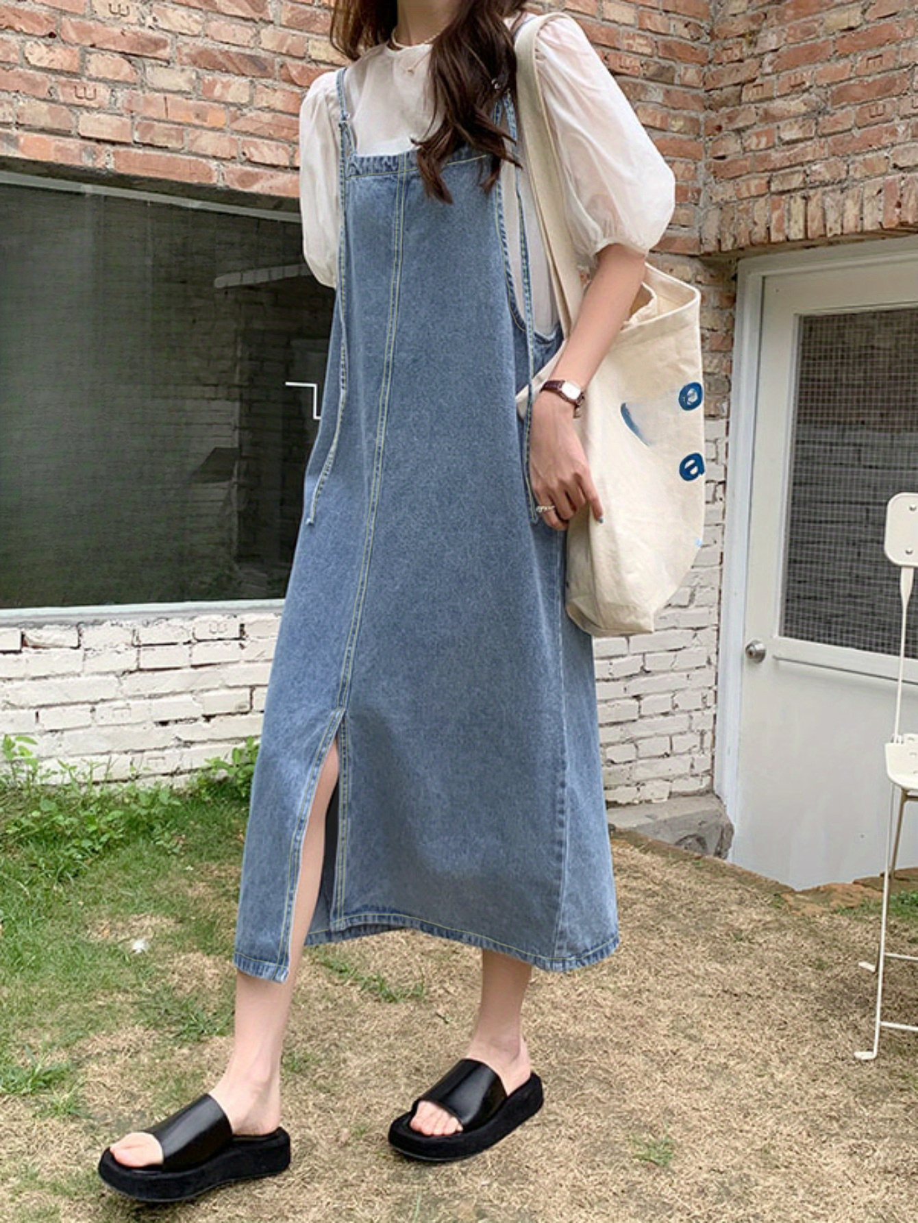實拍 韓系減齡休閒牛仔吊帶裙女百搭寬鬆顯瘦開叉背帶連衣裙
