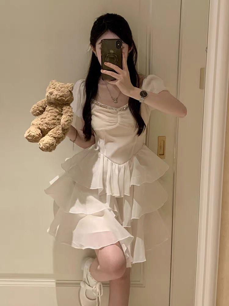 純欲甜辣法式蝴蝶結連衣裙女夏季收腰顯瘦小個子設計感蓬蓬公主裙