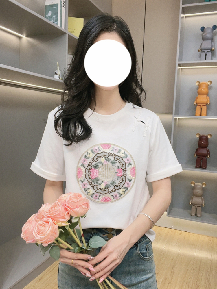 中國風刺繡盤扣正肩短袖t恤女春夏胖mm寬鬆顯瘦內搭上衣