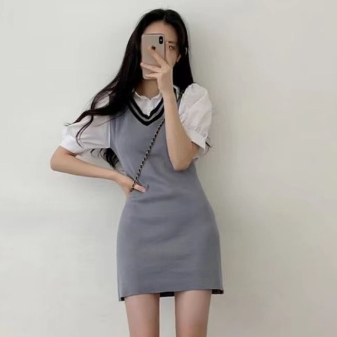 韓版學院風撞色泡泡袖連衣裙子夏季女裝收腰又甜又辣包臀短裙子