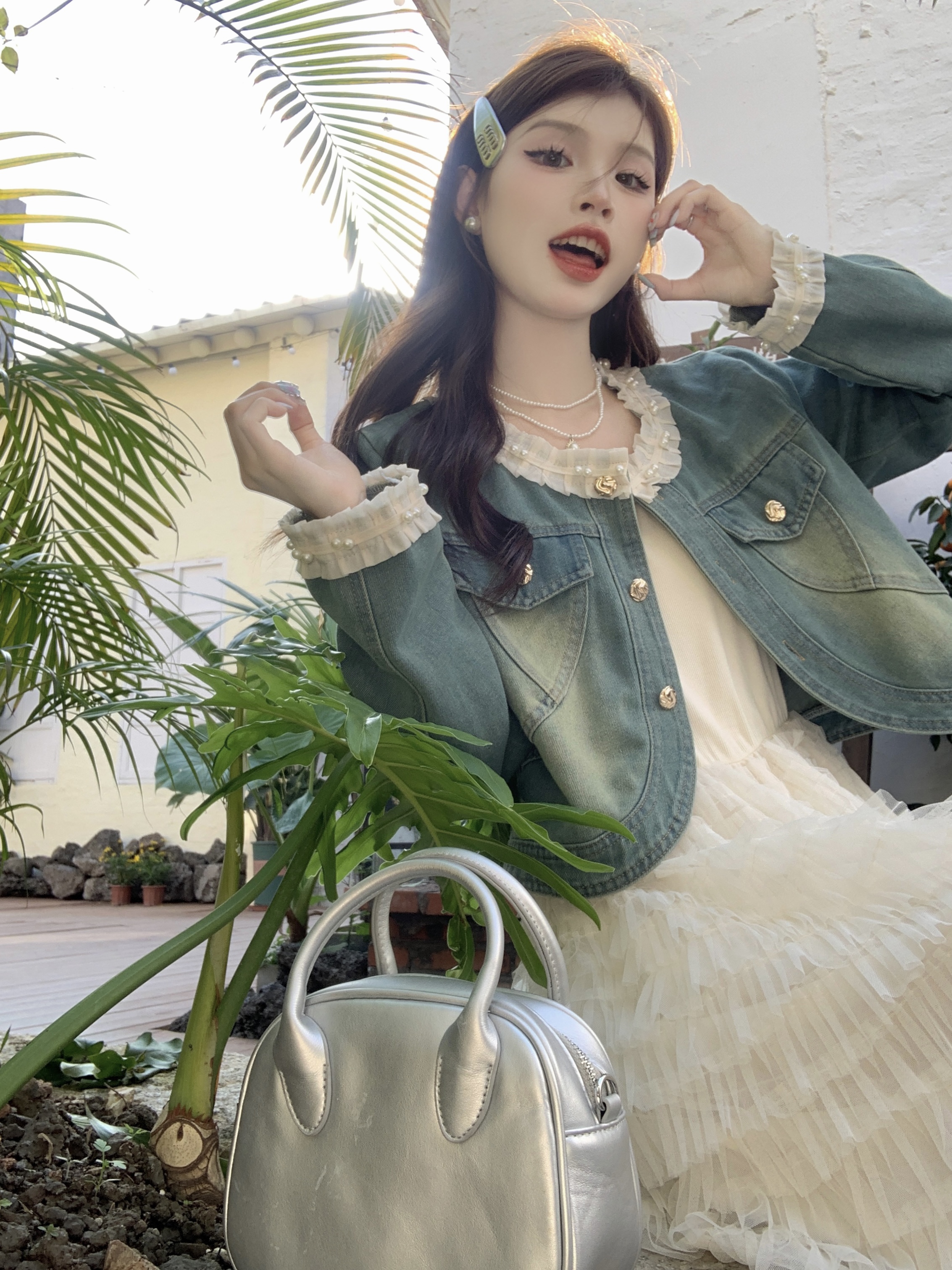 實拍 韓版時尚重工牛仔短外套+蕾絲網紗蛋糕裙超仙別致兩件套