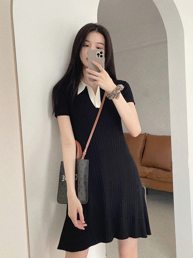 Shili customized 2024 new summer black ice silk knitted polo dress for women with waist slimming and slimming temperament