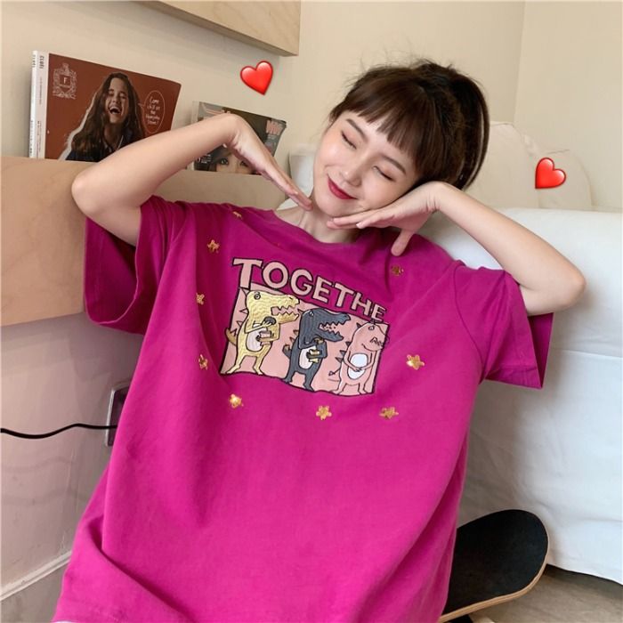 實拍 2024新款韓刺繡珠片重工恐龍短袖T恤女寬鬆大碼6535棉