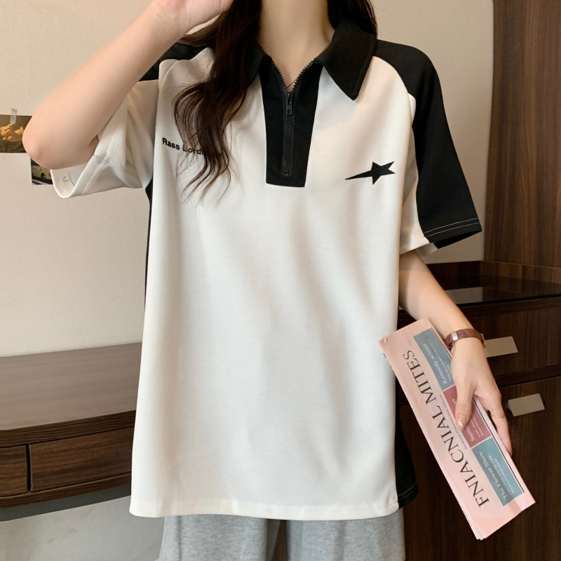 實拍 6535珠地 夏裝刺繡短袖T恤女拉鏈半開領撞色寬鬆Polo領上衣