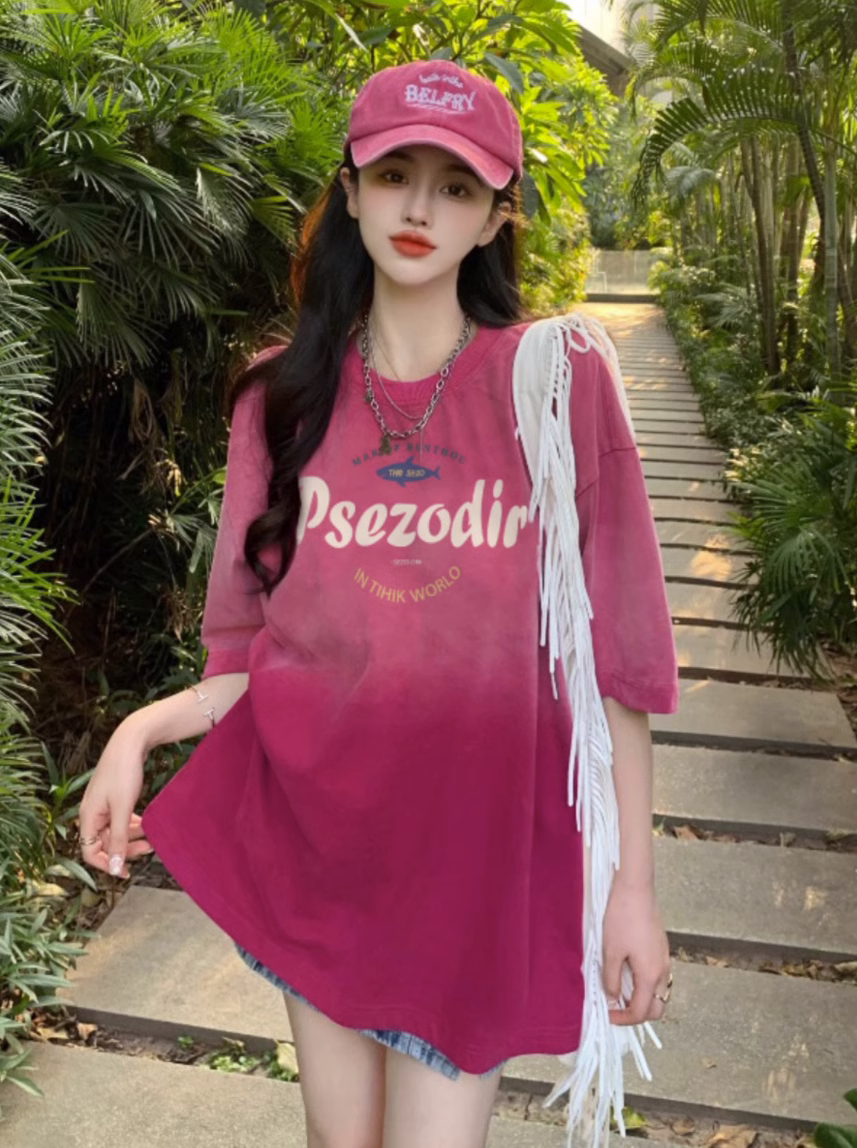 印花扎染21支純棉220克後包領220斤特大碼設計感T恤女