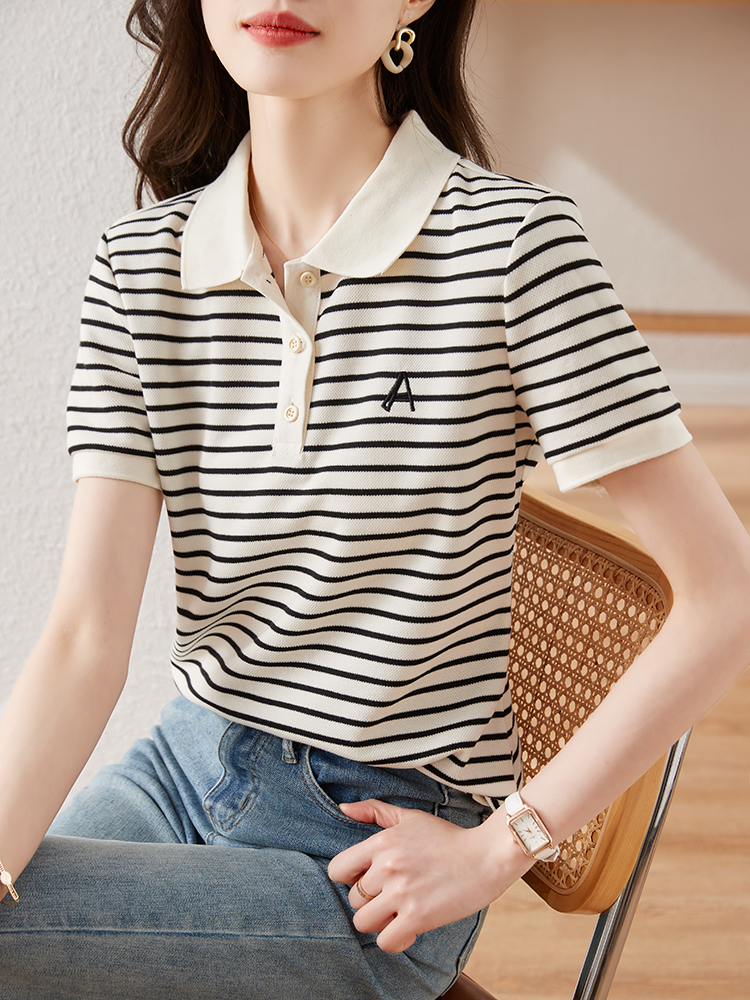 *好質量*條紋撞色POLO領上衣2024夏季新款休閒舒適時尚百搭T恤女