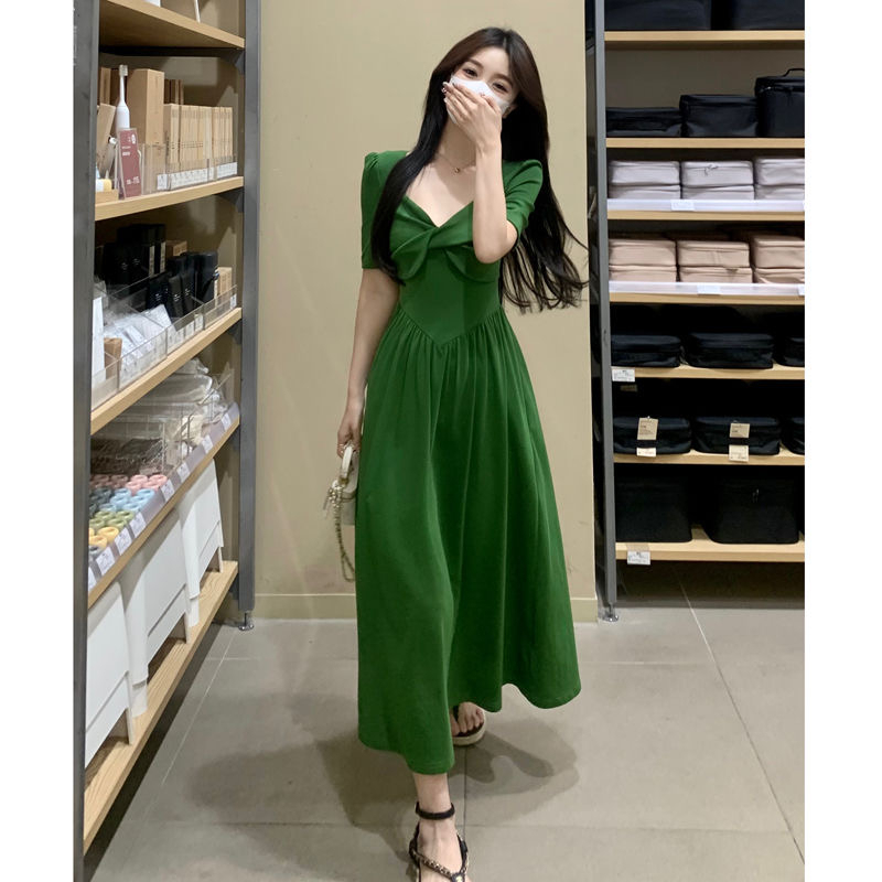 法式復古溫柔風洋氣連衣裙女桔梗設計感扭結蝴蝶結顯瘦氣質大擺裙
