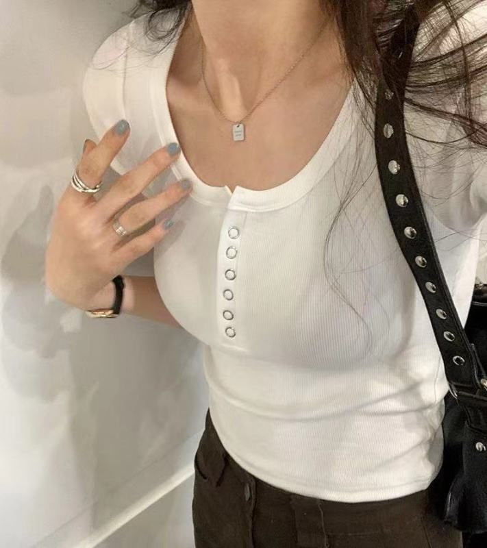 純欲辣妹灰色冰絲u領正肩短袖t恤女夏季短款緊身修身顯瘦高腰上衣