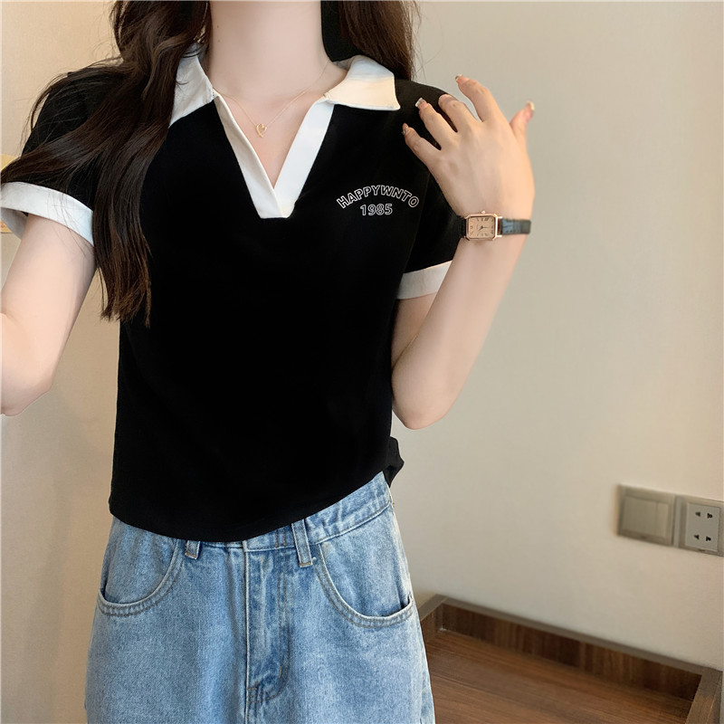 實拍 2024夏季韓版新款美式復古撞色V領短款短款短袖T恤女