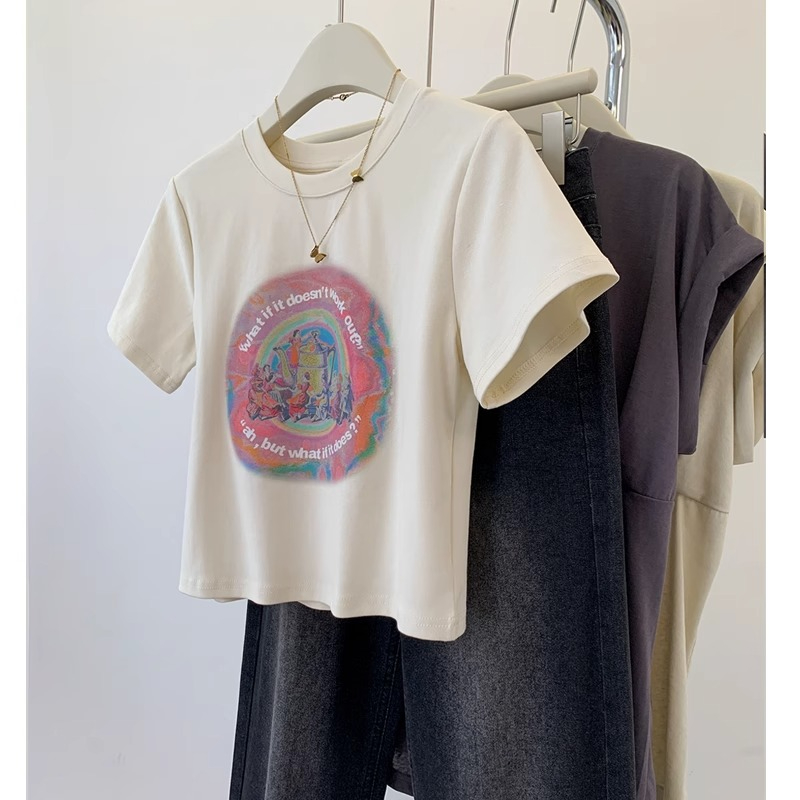 Printed 40 count 92 cotton 8 spandex 210g back collar 200kg extra large size dopamine T-shirt