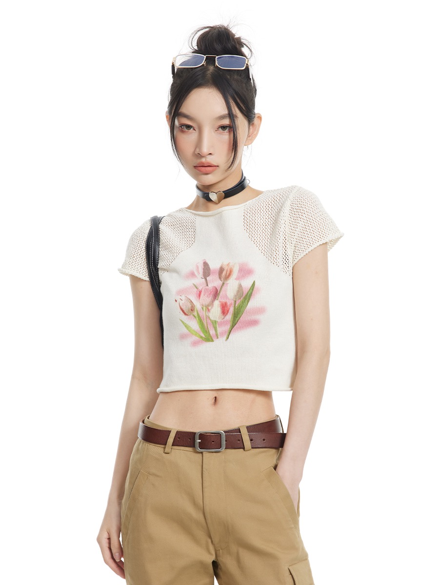 NEXTDAWN 24SS短款網紗花朵印花短袖夏季防曬顯瘦辣妹內搭上衣女
