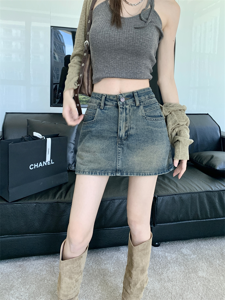 Actual shot ~ Retro denim skirt for women, high-waisted, slimming, A-line, hip-covering, anti-exposure culottes
