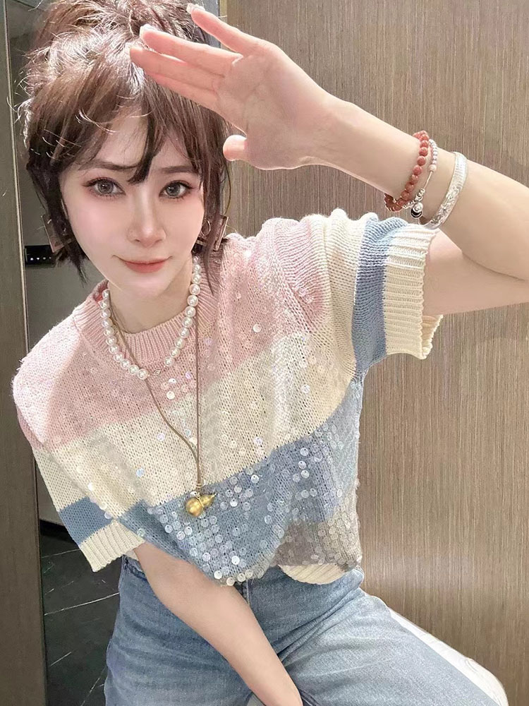 設計感撞色亮片短袖毛衣春季女2024慵懶風T恤甜美洋氣套頭針織衫