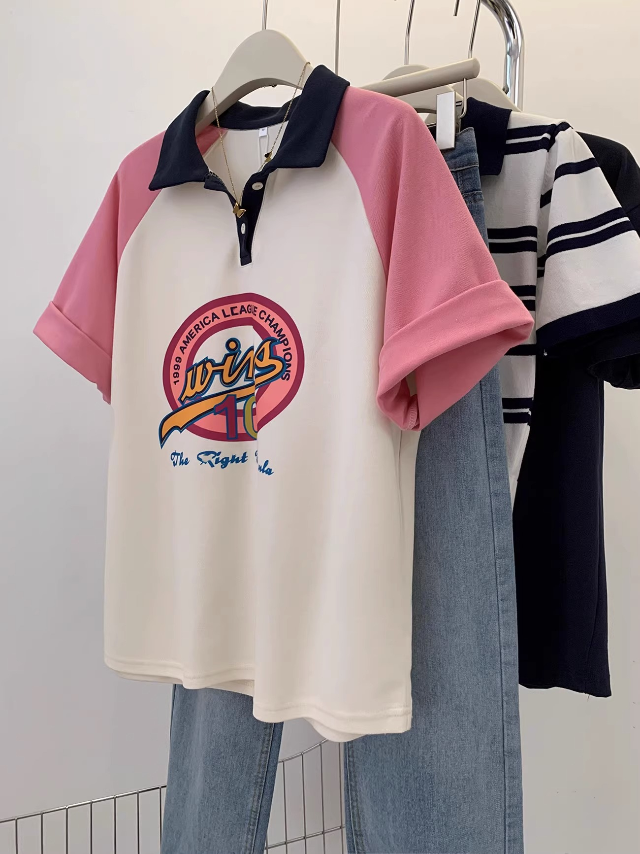 Printed 21 count super cool cotton 200g back collar 240 pounds large size sweet age-reducing contrasting color T-shirt