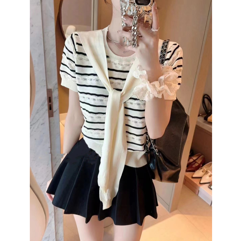 2024 new summer style versatile striped knitted short-sleeved T-shirt women's shawl short tops ins trendy casual