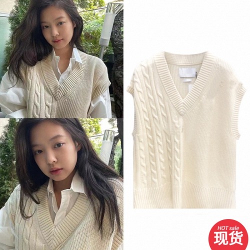 blackpink jennie same style white vest vest knitted v-neck sweater for women spring and autumn